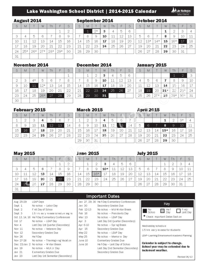 2014 2015 One Page District Calendar Peter Kirk Elementary School 