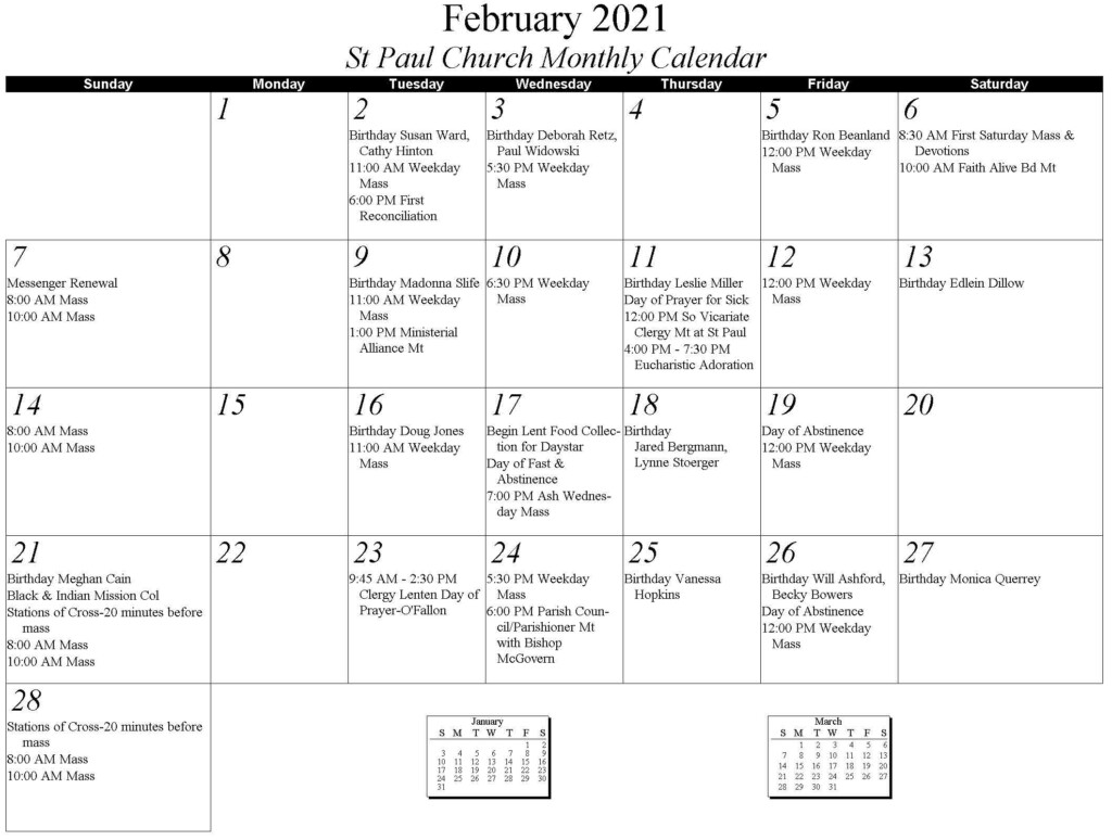 Calendar Saint Paul Catholic Church