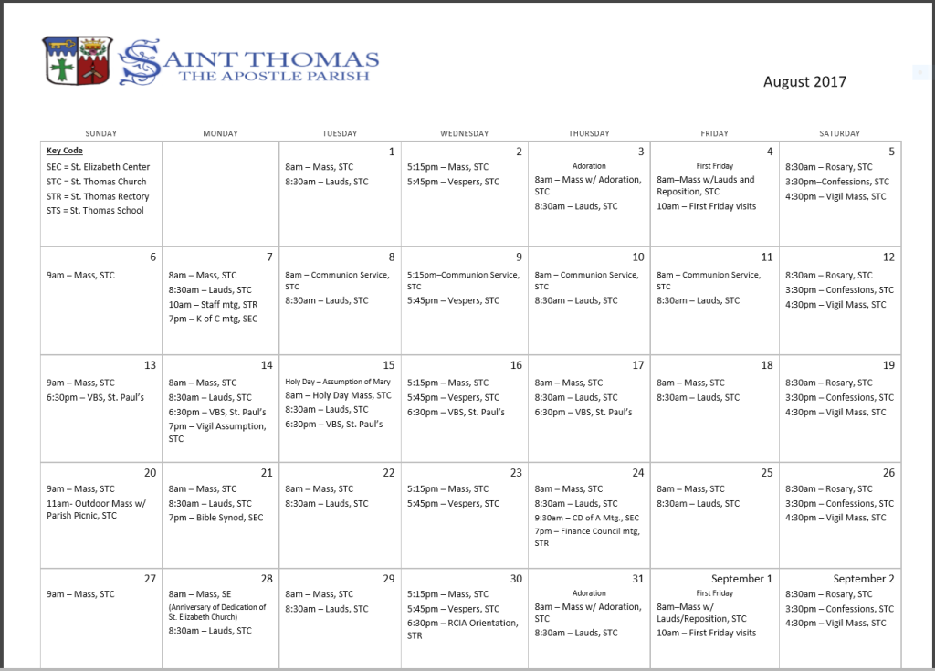 Calendar Saint Thomas The Apostle Parish
