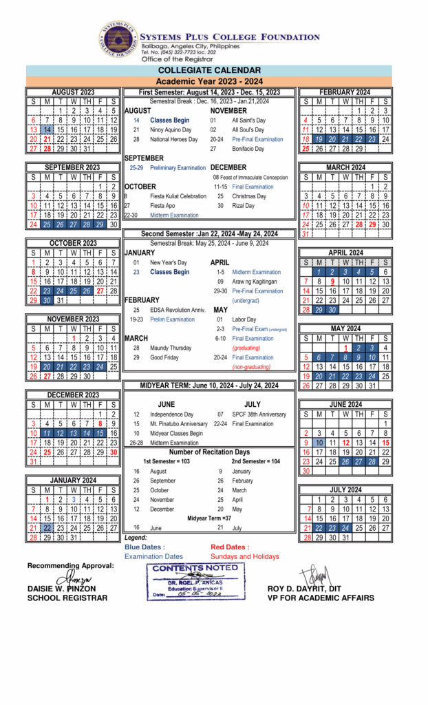 Collegiate Calendar A Y 2023 2024 Systems Plus College Foundation