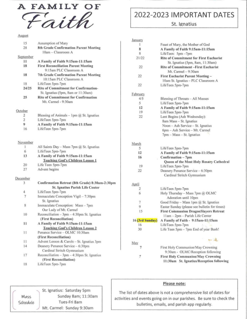 Faith Formation Calendar St Ignatius