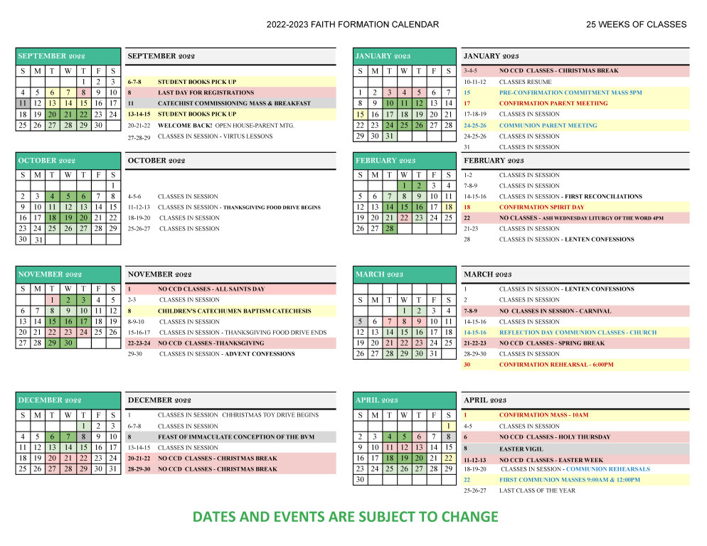Faith Formation Calendar St Mark The Evangelist Catholic Church