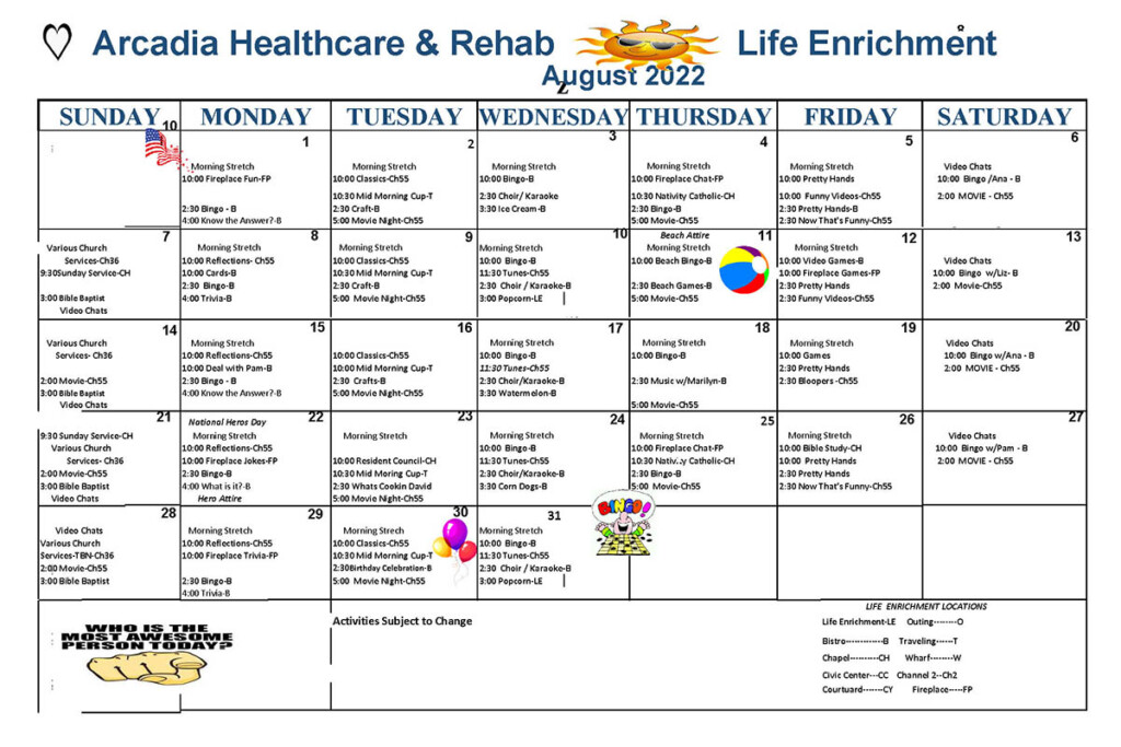 Our August Life Enrichment Calendar Graceville Health Center