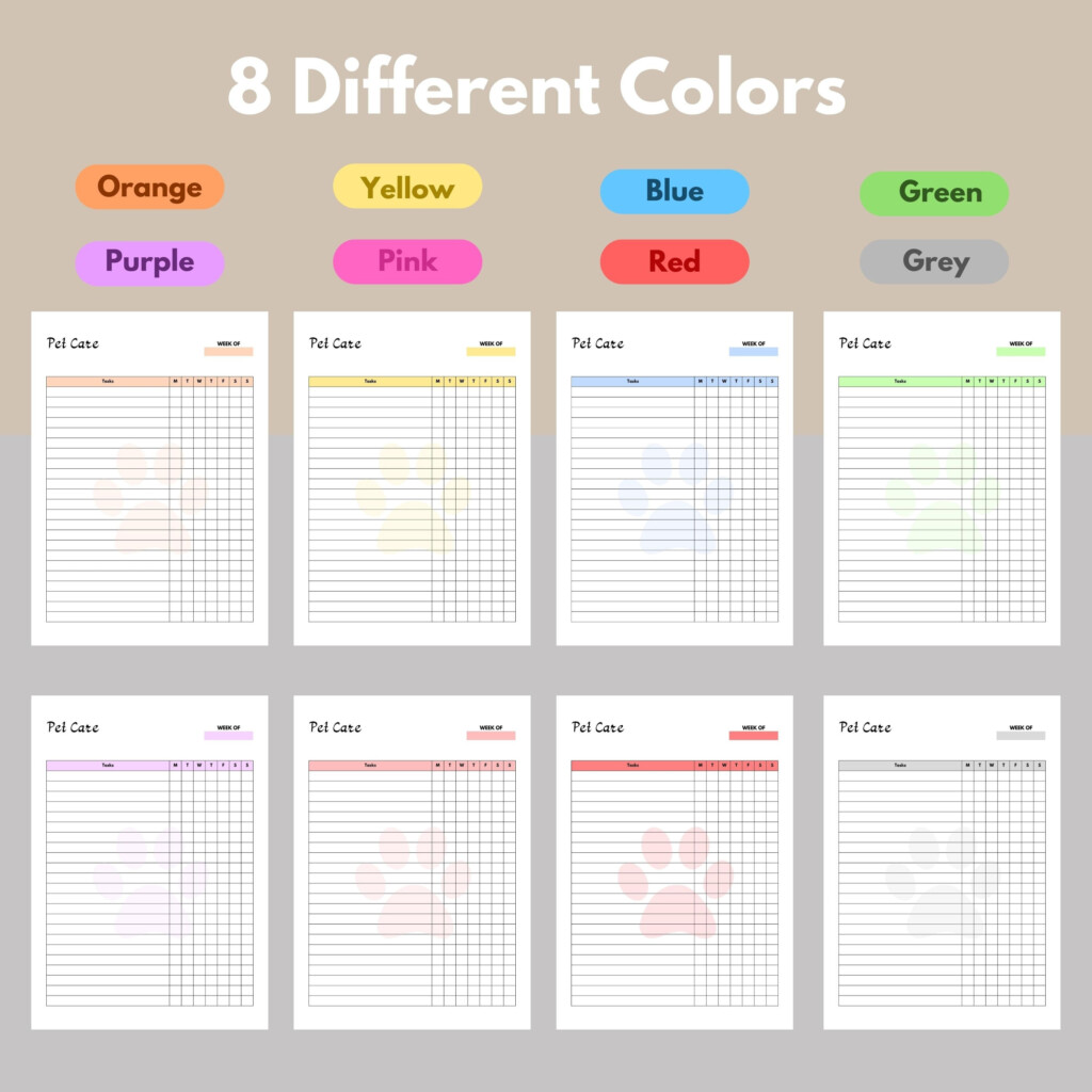 Printable Pet Care Chart Weekly Pet Care Planner Dog Care Cat Care Pet 