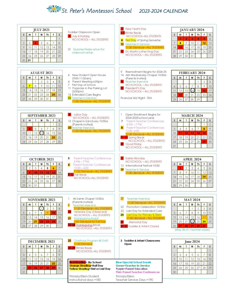 School Calendar St Peter s Montessori School