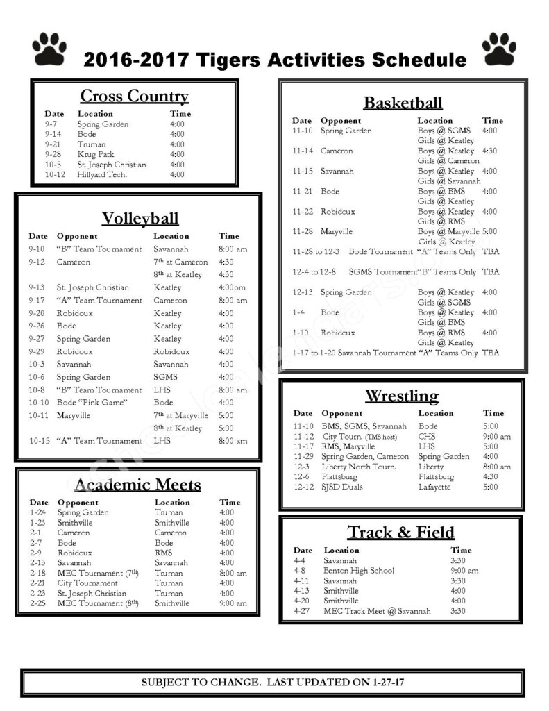 2016 2017 Athletic Calendar St Joseph School District St Joseph MO