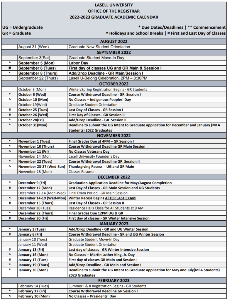 Academic Calendar Lasell University Catalog