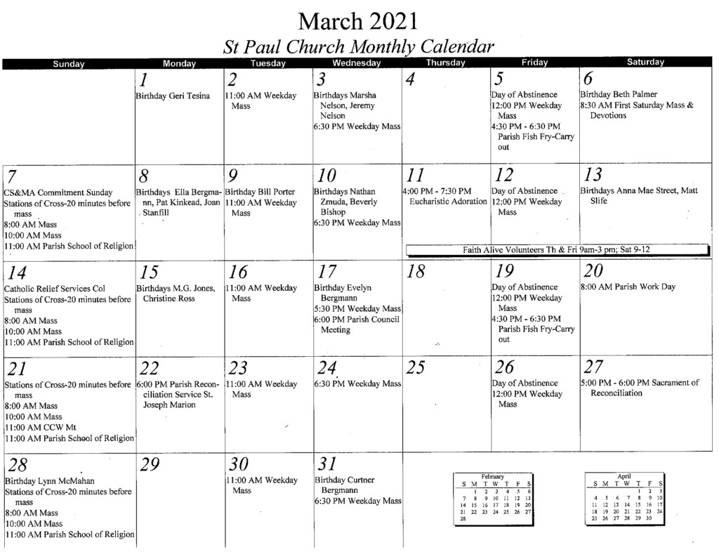 Calendar Saint Paul Catholic Church