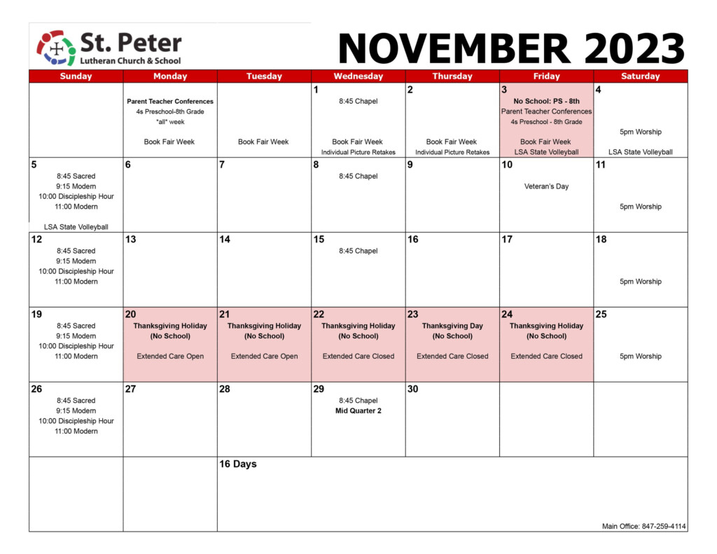 Calendar St Peter Lutheran School