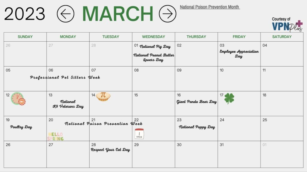 March Pet And Vet related Calendar