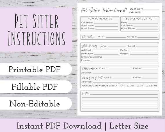 Pet Sitter Instructions Pet Sitter Notes Pet Sitter Etsy UK