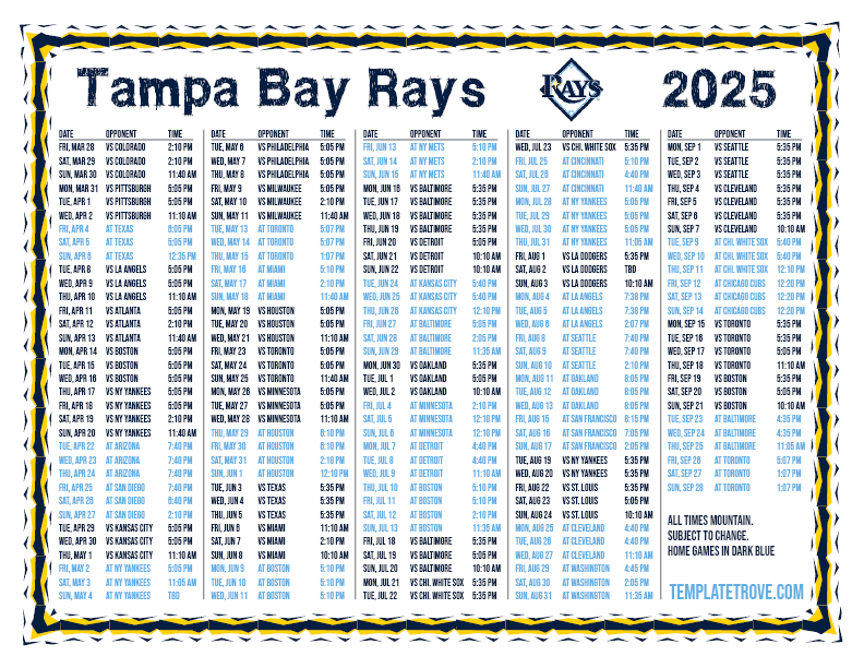 Printable 2025 Tampa Bay Rays Schedule