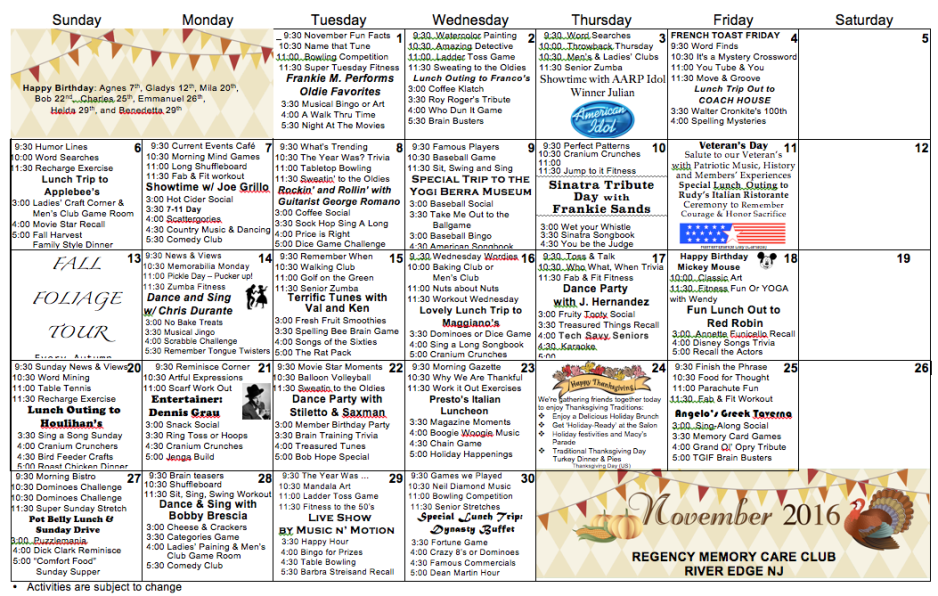 River Edge Calendar Of Events Regency Memory Care